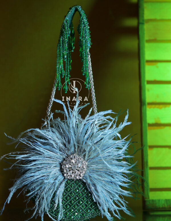 Sunehri Green feather round bag